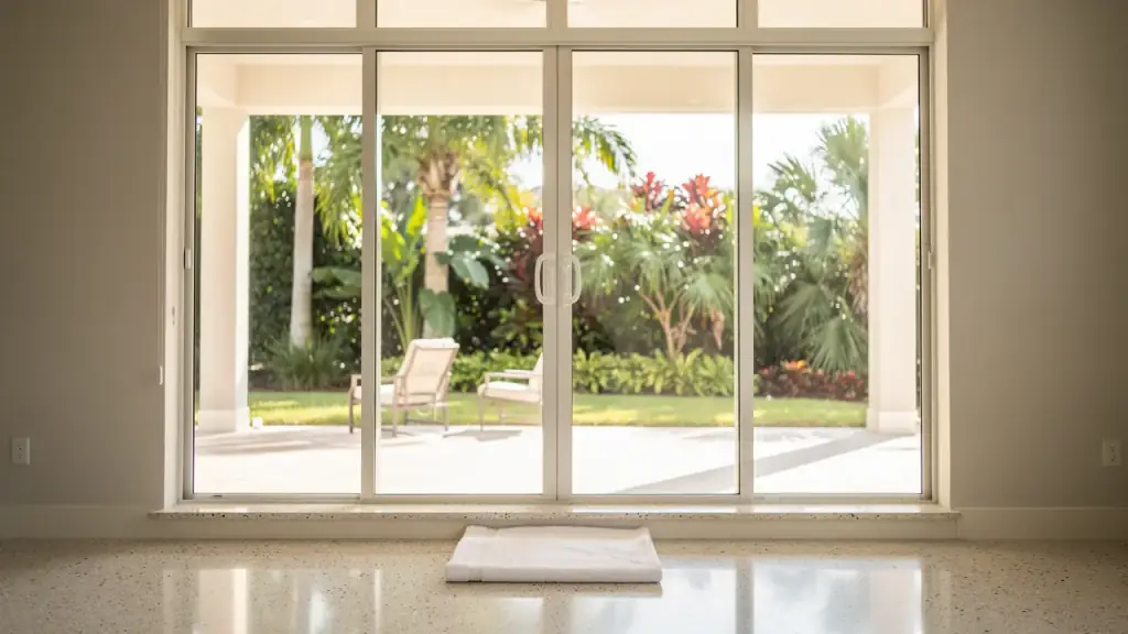 A wall of spotless sliding glass doors opening onto a lanai and tropical garden, a folded white cloth on the sill